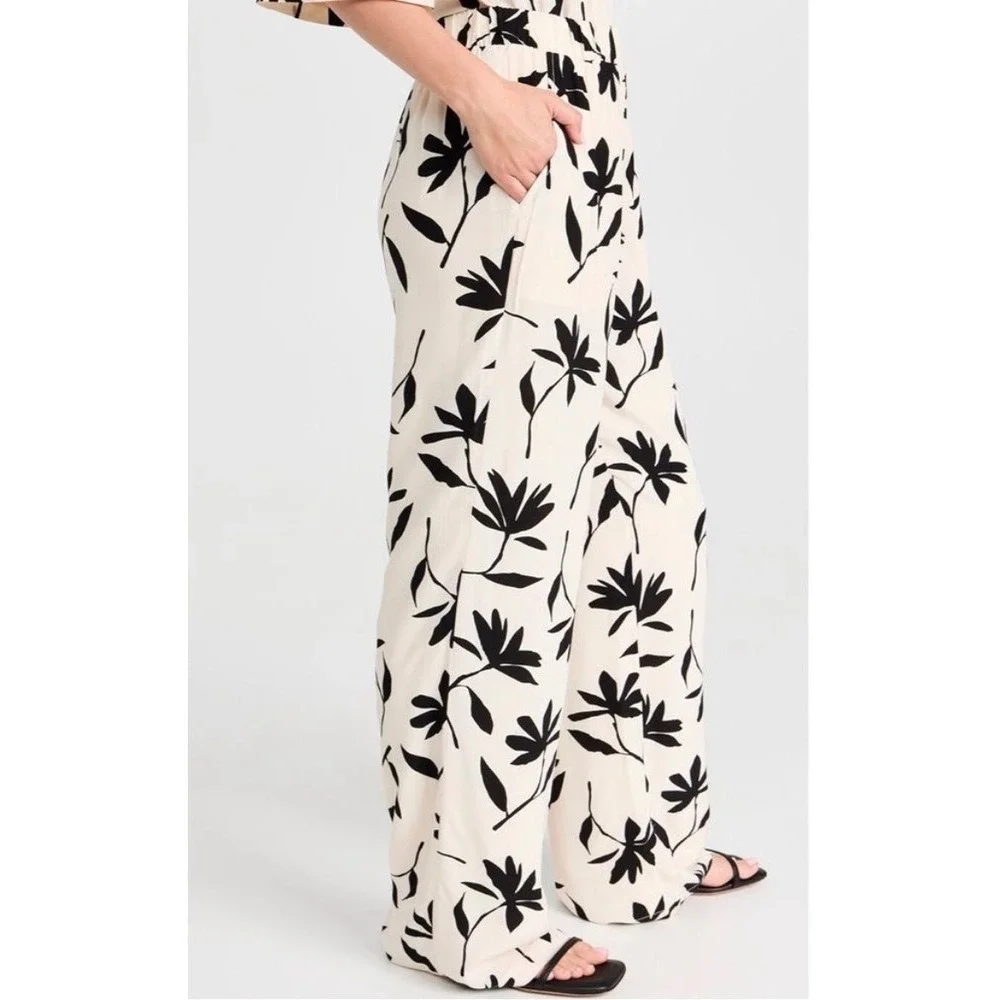 NWT Anine Bing Owen Cream Black Floral Wide Leg Elastic Waist Pants Small - Picture 2 of 9